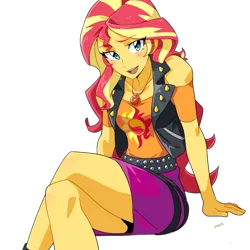 Size: 1586x1586 | Tagged: safe, artist:rustyartist, derpibooru import, edit, editor:itsmgh1203, sunset shimmer, human, equestria girls, equestria girls series, anime, blushing, boots, breasts, clothes, crossed legs, cute, cutie mark, cutie mark on clothes, eyebrows, female, g4, geode of empathy, high res, image, jewelry, leather, leather boots, leather vest, looking at you, magical geodes, necklace, open mouth, open smile, png, raised eyebrow, shimmerbetes, shoes, simple background, smiling, smiling at you, solo, stupid sexy sunset shimmer, transparent background, vest