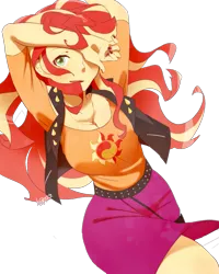 Size: 1419x1774 | Tagged: safe, artist:ku_rimo, artist:藻の生えた栗, derpibooru import, edit, editor:itsmgh1203, sunset shimmer, human, equestria girls, equestria girls series, adorasexy, anime, armpits, arms in the air, breasts, busty sunset shimmer, clothes, cute, cutie mark, cutie mark on clothes, female, g4, geode of empathy, image, jewelry, leather, leather vest, looking at you, magical geodes, nail polish, necklace, open mouth, open smile, png, sexy, shimmerbetes, simple background, skirt, smiling, smiling at you, solo, stupid sexy sunset shimmer, transparent background, vest