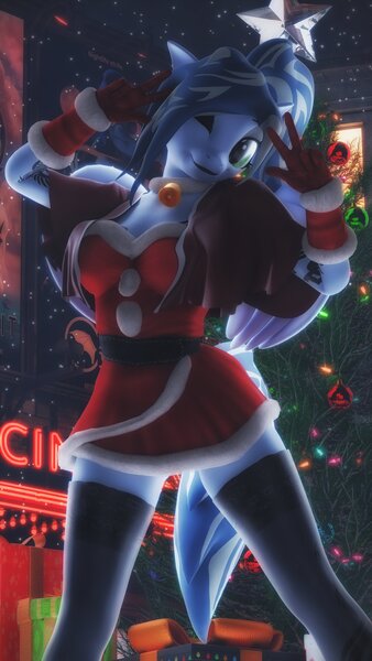 Size: 2160x3840 | Tagged: oc name needed, safe, alternate version, artist:artempredator, derpibooru import, oc, oc:skye light, unofficial characters only, anthro, pegasus, 3d, alternate character, breasts, christmas, christmas tree, clothes, commission, female, gloves, holiday, image, jpeg, looking at you, pegasus oc, socks, solo, stockings, thigh highs, tree, wings, ych result