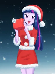 Size: 750x1000 | Tagged: safe, artist:riouku, derpibooru import, twilight sparkle, human, equestria girls, blushing, christmas, christmas outfit, clothes, costume, cute, female, g4, hat, holiday, image, legs, long sleeves, looking at you, open mouth, png, present, santa claus, santa costume, santa hat, skirt, smiling, smiling at you, snow, snowflake, solo, twiabetes