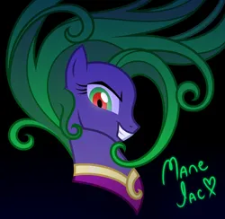 Size: 2500x2436 | Tagged: safe, artist:themajesticeye, derpibooru import, mane-iac, earth pony, pony, black background, evil grin, female, g4, grin, image, mare, outfit, png, simple background, smiling, solo