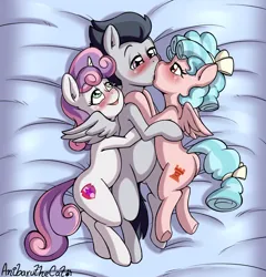 Size: 1944x2026 | Tagged: suggestive, artist:anibaruthecat, derpibooru import, part of a set, cozy glow, rumble, sweetie belle, pegasus, pony, unicorn, bed, black mane, blue mane, blushing, bow, cuddling, eyelashes, feathered wings, female, foalcon, folded wings, g4, gray coat, group sex, hair bow, horn, image, kissing, lidded eyes, lying down, male, on bed, pegasus wings, pink coat, png, rumbelle, rumbleglow, sex, shipping, straight, tail, tail bow, threesome, two toned mane, two toned tail, underage, unicorn horn, white coat, wings