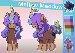 Size: 1891x1338 | Tagged: safe, artist:jade monsuta, derpibooru import, oc, oc:mellow meadow, unicorn, abstract background, artificial horn, bow, coat markings, curly hair, cutie mark, facial markings, female, hair over eyes, highlights, horn, image, mealy mouth (coat marking), png, reference sheet, socks (coat marking), solo, tail, tail bow, tail bun, unicorn oc