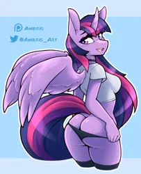 Size: 810x999 | Tagged: suggestive, alternate version, artist:ambris, derpibooru import, twilight sparkle, twilight sparkle (alicorn), alicorn, anthro, 2d, bangs, breasts, busty twilight sparkle, butt, clothes, collar, eyeshadow, female, g4, horn, image, jpeg, looking back, makeup, meta, open mouth, panties, panties pulled down, shirt, short sleeves, socks, solo, thigh highs, twibutt, twitter, underwear, undressing, wings