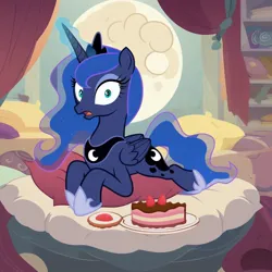 Size: 1024x1024 | Tagged: safe, ai content, derpibooru import, machine learning generated, princess luna, alicorn, pony, bed, cake, caught, crown, derpibooru exclusive, ethereal mane, ethereal tail, female, food, g4, generator:pony diffusion v6 xl, hoof shoes, image, indoors, jewelry, jpeg, laying on bed, looking at you, lying down, magic, mare, on bed, open mouth, peytral, pillow, plate, prompter:siber, regalia, show accurate, solo, surprised, tail