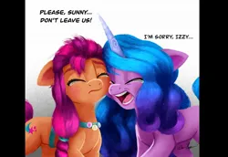 Size: 2022x1393 | Tagged: safe, artist:allisonpopick, derpibooru import, izzy moonbow, sunny starscout, earth pony, pony, unicorn, g5, collaboration:sad my little pony g5, crying, dialogue, duo, image, jpeg, sad