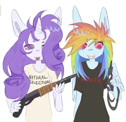 Size: 1280x1243 | Tagged: semi-grimdark, artist:7redteeths, derpibooru import, rainbow dash, rarity, anthro, clothes, columbine, duo, duo female, female, g4, gun, image, jpeg, shirt, simple background, t-shirt, weapon, white background