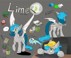 Size: 3058x2500 | Tagged: safe, artist:laymy, derpibooru import, oc, oc:pearly lime, unofficial characters only, bat pony, pony, vaporeon, baseball cap, bat pony oc, bat wings, cap, drawing tablet, female, food, gray background, hat, high res, hoof hold, image, jpeg, mare, mug, paint, paintbrush, plushie, pokémon, ponysona, potted plant, reference sheet, simple background, solo, spread wings, stylus, tea, teabag, wings