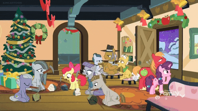 Size: 853x480 | Tagged: safe, derpibooru import, screencap, apple bloom, applejack, big macintosh, cloudy quartz, grand pear, granny smith, igneous rock pie, limestone pie, marble pie, maud pie, mudbriar, sugar belle, earth pony, pony, best gift ever, animated, apple family, christmas, christmas lights, christmas presents, christmas tree, family, female, geology, gif, hammer, hearth's warming eve, holiday, image, living room, male, party, pickaxe, pie family, present, rock, sitting, snow, sweet apple acres, tree, wreath
