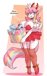 Size: 1359x2184 | Tagged: safe, artist:borvar, derpibooru import, oc, oc:nekonin, alicorn, anthro, antlers, arm hooves, bare midriff, bell, bell collar, big breasts, blushing, breasts, busty boy, christmas, clothes, collar, dialogue, ear blush, femboy, garters, high heels, holiday, hoof hold, image, intersex, male, png, present, shoes, skirt, socks, stockings, strapless, thigh highs