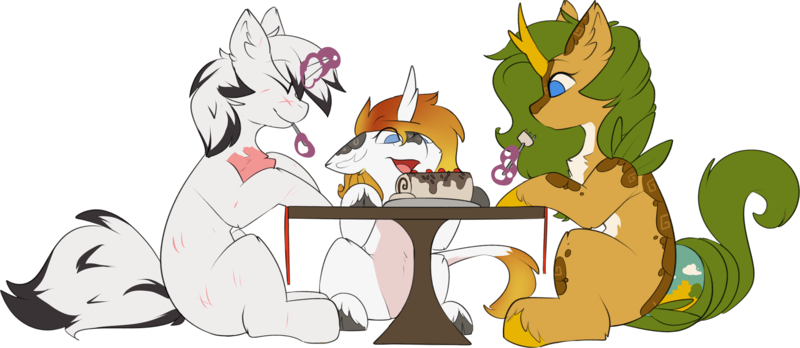 Size: 3657x1589 | Tagged: safe, artist:beardie, derpibooru import, oc, oc:eldorada, oc:tenera, oc:yiazmat, hybrid, kirin, pony, unicorn, christmas, couple, eating, family, father and child, father and daughter, female, food, fork, happy, holiday, hooves, horn, husband and wife, hybrid oc, image, kirin oc, log, magic, male, mare, mother and child, mother and daughter, parent:oc:eldorada, parent:oc:yiazmat, png, shipping, simple background, table, tail, telekinesis, transparent background, unicorn oc, yiarada