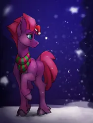 Size: 1500x2000 | Tagged: safe, artist:tenebrisnoctus, derpibooru import, fizzlepop berrytwist, tempest shadow, pony, unicorn, christmas, clothes, female, hat, holiday, horn, horn cap, image, mare, png, raised hoof, santa hat, scarf, snow, snowfall, solo, striped scarf, turned head, winter
