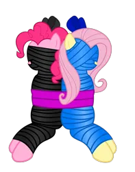 Size: 4164x5276 | Tagged: safe, artist:cardshark777, derpibooru import, fluttershy, pinkie pie, earth pony, pegasus, pony, back to back, blindfold, bondage, bowtie, digital art, duo, female, femsub, fluttersub, g4, gift wrapped, helpless, image, mare, mummification, mummified, mummy, pinkiesub, png, simple background, sitting, submissive, transparent background, wrapped up