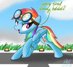 Size: 2000x1828 | Tagged: safe, artist:notadeliciouspotato, derpibooru import, rainbow dash, pegasus, pony, cloud, female, folded wings, goggles, goggles on head, grass, image, mare, open mouth, open smile, png, raised leg, runway, signature, smiling, solo, speech bubble, talking, talking to viewer, wings