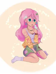 Size: 1125x1500 | Tagged: safe, artist:lunathekitsunegirl, derpibooru import, fluttershy, bird, human, alternate hairstyle, belly button, bracelet, cardigan, clothes, cute, ear piercing, earring, female, flower, flower in hair, humanized, image, jewelry, jpeg, kneeling, midriff, necklace, open mouth, piercing, shorts, shyabetes, socks, solo, tanktop, tattoo