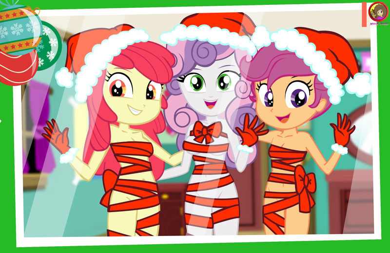 Size: 2400x1559 | Tagged: suggestive, artist:succubi samus, banned from derpibooru, derpibooru import, edit, apple bloom, scootaloo, sweetie belle, human, equestria girls, barely legal, bow, christmas, cute, cutie mark crusaders, female, gift wrapped, hat, holiday, image, lolicon, photo, png, santa hat, show accurate, signature, smiling, underage
