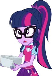 Size: 685x990 | Tagged: safe, derpibooru import, edit, edited screencap, editor:homersimpson1983, screencap, sci-twi, twilight sparkle, human, equestria girls, background removed, box, g4, glasses, holding, image, not a vector, png, ponytail, solo