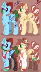 Size: 6895x11908 | Tagged: safe, artist:appleneedle, derpibooru import, oc, oc:jingle belle jangle, oc:jingle belle rock, unofficial characters only, bat pony, pony, bat pony oc, bat wings, bell choker, boots, bow, brown background, choker, christmas, christmas ornament, clothes, cowboy boots, cowboy hat, decoration, duo, ear piercing, earring, fangs, female, fingerless gloves, gloves, hair bow, hat, holiday, image, jewelry, jpeg, lasso, looking at each other, looking at someone, mare, mismatched socks, nose piercing, open mouth, pants, piercing, ripped pants, rope, shirt, shoes, siblings, simple background, sisters, socks, stockings, striped socks, tanktop, tattoo, thigh highs, torn clothes, twins, vest, wings, wristband