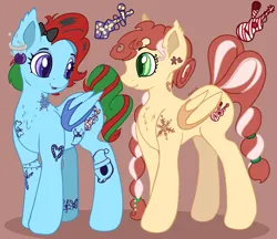 Size: 6895x5954 | Tagged: safe, artist:appleneedle, derpibooru import, oc, oc:jingle belle jangle, oc:jingle belle rock, unofficial characters only, bat pony, pony, bat pony oc, bat wings, bow, brown background, christmas, christmas ornament, decoration, derpibooru exclusive, duo, ear piercing, earring, fangs, female, hair bow, holiday, image, jewelry, jpeg, looking at each other, looking at someone, mare, nose piercing, open mouth, piercing, siblings, simple background, sisters, tattoo, twins, wings