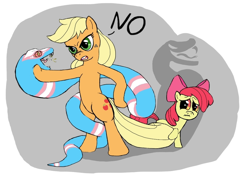 Size: 1200x890 | Tagged: safe, artist:appulman, banned from derpibooru, deleted from derpibooru, derpibooru import, apple bloom, applejack, earth pony, pony, snake, female, filly, image, jpeg, mouthpiece, trans pride flag