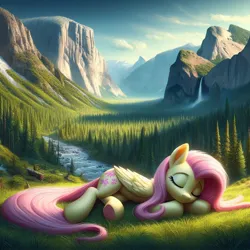 Size: 1024x1024 | Tagged: prompter needed, safe, ai content, derpibooru import, machine learning generated, fluttershy, canyon, cute, image, jpeg, nature, realistic, sleeping