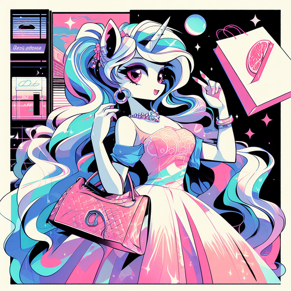 Size: 1024x1024 | Tagged: safe, ai content, derpibooru import, machine learning generated, oc, unofficial characters only, anthro, unicorn, adorasexy, bag, breasts, clothes, cute, digital art, dress, ear piercing, earring, g4, handbag, image, jewelry, necklace, peace sign, piercing, png, pose, prompter:horselover fat, purse, sexy, shopping, small breasts, solo, vaporwave