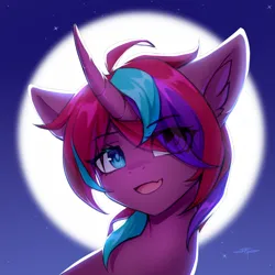 Size: 1500x1500 | Tagged: safe, artist:setharu, derpibooru import, oc, oc:tempest revenant, unofficial characters only, pony, unicorn, bust, female, horn, image, looking at you, mare, moon, png, simple background, smiling, solo