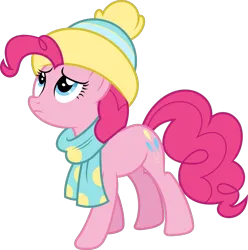 Size: 9886x9985 | Tagged: safe, artist:starryshineviolet, derpibooru import, pinkie pie, earth pony, pony, best gift ever, absurd resolution, beanie, clothes, female, g4, hat, image, looking up, mare, png, scarf, simple background, solo, transparent background, vector, winter outfit, worried