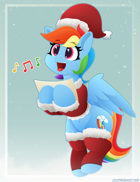 Size: 1768x2300 | Tagged: safe, artist:andaluce, artist:pabbley, derpibooru import, rainbow dash, pegasus, pony, belly button, christmas, christmas carol, clothes, cute, dashabetes, female, g4, happy, hat, holding, holiday, image, lineless, mare, music notes, open mouth, png, santa hat, singing, socks, solo