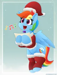 Size: 1768x2300 | Tagged: safe, artist:andaluce, artist:pabbley, derpibooru import, rainbow dash, pegasus, pony, belly button, christmas, christmas carol, clothes, cute, dashabetes, female, g4, happy, hat, holding, holiday, image, lineless, mare, music notes, open mouth, png, santa hat, singing, socks, solo