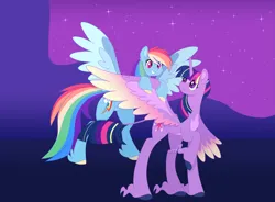 Size: 5555x4096 | Tagged: safe, artist:traveleraoi, derpibooru import, rainbow dash, twilight sparkle, twilight sparkle (alicorn), alicorn, pegasus, pony, magical mystery cure, colored pupils, colored wings, colored wingtips, digital art, duo, duo female, ear fluff, female, flying, g4, hooves, image, leonine tail, looking at each other, looking at someone, mare, night, one wing out, png, rainbow power, raised leg, scene interpretation, simple background, smiling, starry night, tail, unshorn fetlocks, watermark, wings