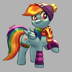 Size: 3000x3000 | Tagged: safe, artist:hexecat, derpibooru import, rainbow dash, pegasus, pony, season 1, winter wrap up, clothes, female, g4, hat, image, png, scarf, smiling, socks, solo, winter hat, winter outfit