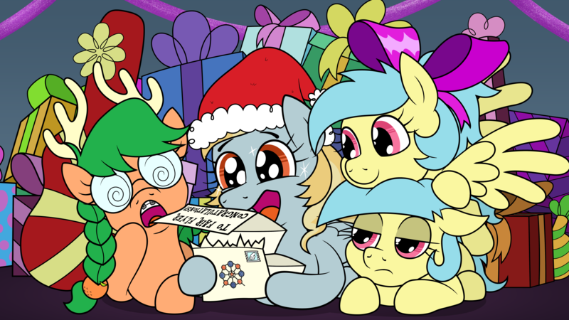 Size: 1920x1080 | Tagged: safe, artist:jargon scott, artist:niggerfaggot, oc, oc:fair flyer, oc:matinée, oc:morning mimosa, oc:soirée, unofficial characters only, earth pony, pegasus, pony, announcement, bow, christmas, female, hair bow, hat, holiday, image, letter, mare, mare fair, mare fair 2024, open mouth, png, present, santa hat, snowpity inc., swirly glasses