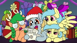 Size: 1920x1080 | Tagged: safe, artist:jargon scott, artist:niggerfaggot, oc, oc:fair flyer, oc:matinée, oc:morning mimosa, oc:soirée, unofficial characters only, earth pony, pegasus, pony, announcement, bow, christmas, female, hair bow, hat, holiday, image, letter, mare, mare fair, mare fair 2024, open mouth, png, present, santa hat, snowpity inc., swirly glasses