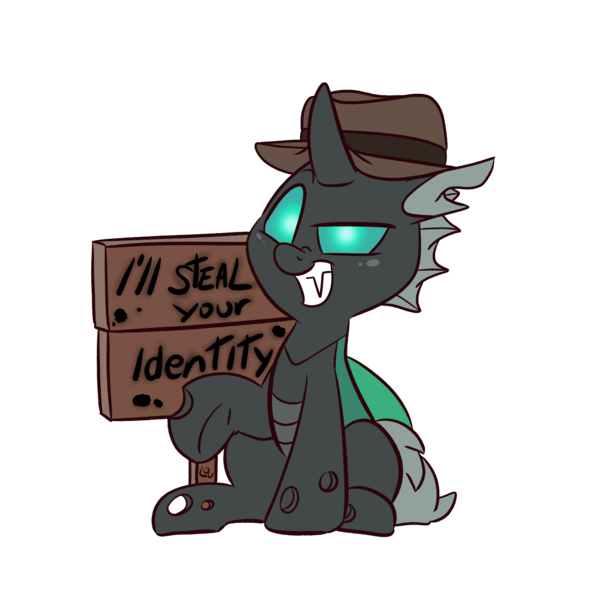 Size: 1696x1696 | Tagged: safe, artist:lou, derpibooru import, oc, oc:closed case, unofficial characters only, changeling, derpibooru community collaboration, 2024 community collab, changeling oc, green changeling, hat, identity theft, image, implied identity theft, looking at you, male, png, sign, simple background, sitting, smiling, smug, solo, transparent background