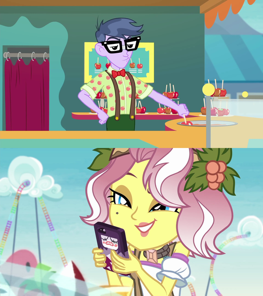 Size: 1920x2160 | Tagged: safe, derpibooru import, edit, edited screencap, screencap, microchips, vignette valencia, human, equestria girls, equestria girls series, rollercoaster of friendship, apple, bowtie, candy apple (food), crack shipping, female, food, g4, image, male, mobile phone, phone, png, ship:valenchips, shipping, smartphone, smiling, straight, suspenders