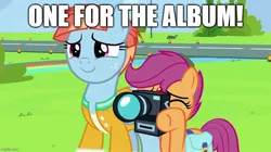 Size: 888x499 | Tagged: safe, derpibooru import, edit, edited screencap, screencap, scootaloo, windy whistles, pegasus, pony, bag, camera, camera shot, caption, clothes, cute, cutealoo, duo, female, filly, foal, freckles, image, image macro, jacket, jpeg, mare, meme, parody, reference, saddle bag, scene parody, smiling, text, wallace and gromit, windybetes