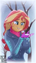 Size: 2200x3826 | Tagged: safe, artist:theretroart88, derpibooru import, sunset shimmer, human, equestria girls, 2d, breasts, busty sunset shimmer, clothes, female, g4, gloves, image, jacket, lidded eyes, open mouth, outdoors, pants, png, remake, scarf, smiling, snow, solo, tree, winter outfit