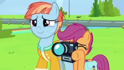 Size: 1280x720 | Tagged: safe, derpibooru import, edit, edited screencap, screencap, scootaloo, windy whistles, pegasus, pony, parental glideance, bag, camera, camera shot, clothes, cute, cutealoo, duo, female, filly, foal, freckles, image, jacket, mare, png, saddle bag, smiling, windybetes