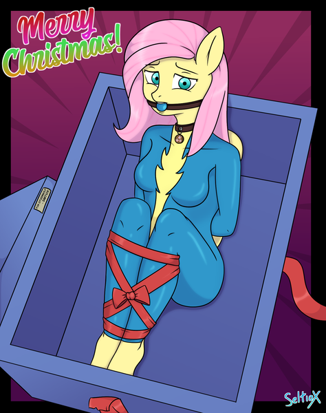 Size: 1500x1900 | Tagged: suggestive, artist:seltiox, derpibooru import, fluttershy, anthro, pegasus, plantigrade anthro, arm behind back, ballgag, bdsm, bondage, bound, bound and gagged, box, breasts, clothes, collar, cutie mark accessory, cutie mark collar, damsel in distress, digital art, female, femsub, fetish, fluttersub, g4, gag, gift art, image, kidnapped, latex, latex suit, png, present, restrained, ribbon, solo, solo female, submissive, tied, tied up, uniform, wonderbolts uniform, wrapped up