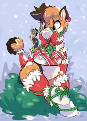 Size: 2500x3500 | Tagged: safe, artist:mtcerber, derpibooru import, discord, oc, oc:carter, ponified, earth pony, fox, fox pony, hybrid, pony, cage, christmas, commission, holiday, image, kissing, male, png