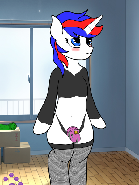 Size: 3000x4000 | Tagged: explicit, artist:drafthoof, derpibooru import, oc, pony, unicorn, anal beads, bdsm, bipedal, blushing, challenge, chastity, chastity cage, clothes, crossdressing, dildo, femboy, girly, image, male, nudity, panties, panties pulled down, penis, png, sex toy, small penis, socks, solo, stallion, trace, tracer:armor fire, underwear