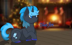 Size: 1440x910 | Tagged: safe, artist:thomas.senko, derpibooru import, oc, pony, unicorn, blue eyes, blue hair, blue tail, christmas, commission, dark skin, holiday, horn, image, jpeg, male, solo, stallion, tail, unicorn oc