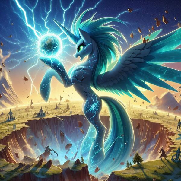 Size: 1024x1024 | Tagged: safe, ai content, derpibooru import, pony, crater, destruction, fire, g4, image, jpeg, lightning, solo focus