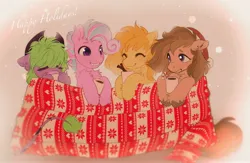 Size: 3424x2236 | Tagged: safe, artist:draw3, derpibooru import, oc, oc:caramel, oc:somber gale, oc:sweetie swirl, oc:thistle plumberry, bat pony, cow, bat pony oc, bat wings, blanket, chocolate, christmas, coffee, cowboy hat, fangs, food, group, hat, hearth's warming, holiday, hooves, hot chocolate, image, jpeg, santa hat, text, wings