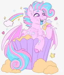 Size: 3046x3599 | Tagged: source needed, safe, artist:draw3, derpibooru import, oc, oc:sweetie swirl, bat pony, bat pony oc, bat wings, blue tongue, cupcake, cute, femboy, food, frosting, image, male, multicolored hair, png, rainbow, solo, wings