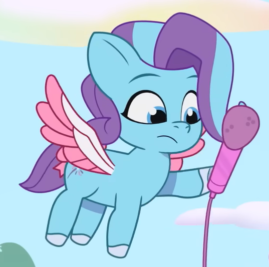 Size: 537x533 | Tagged: safe, derpibooru import, screencap, pegasus, pony, g5, my little pony: tell your tale, spoiler:g5, spoiler:my little pony: tell your tale, spoiler:tyts01e28, bow, cropped, female, filly, flying, foal, frown, glory (g5), image, microphone, outdoors, pippsqueaks, pippsqueaks forever, png, solo, spread wings, tail, tail bow, wings