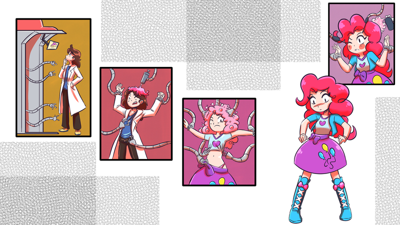 Size: 3840x2160 | Tagged: safe, artist:velvet-peach, derpibooru import, edit, pinkie pie, human, equestria girls, clothes, g4, image, jpeg, lab coat, machine, mechanical hands, panties, simple background, transformation, transformation sequence, transgender transformation, underwear, wallpaper, wallpaper edit, white background