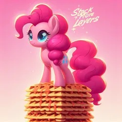 Size: 1024x1024 | Tagged: prompter needed, safe, ai content, derpibooru import, machine learning generated, pinkie pie, ponified, earth pony, pony, food, g4, generator:dall-e 3, image, jpeg, meme, ponified meme, solo, tower, waffle
