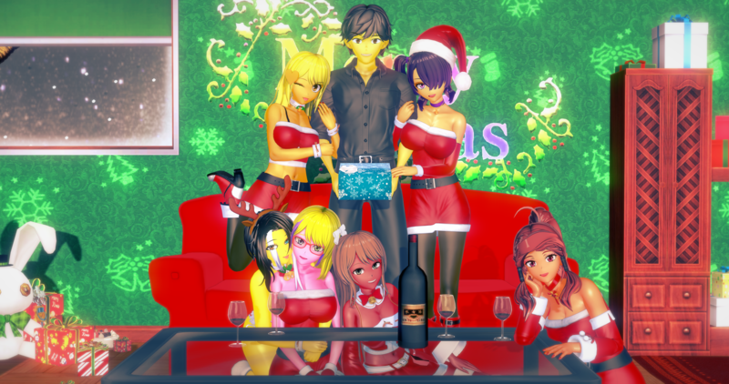 Size: 4096x2160 | Tagged: suggestive, artist:princerex, derpibooru import, oc, oc:cee sharp, oc:golden lust, oc:lentana hilano, oc:rex caliber, oc:shizuki, oc:victoria heartsong, oc:zedwin, unofficial characters only, christmas, christmas outfit, clothes, dick in a box, group photo, harem, hat, holiday, image, png, santa hat